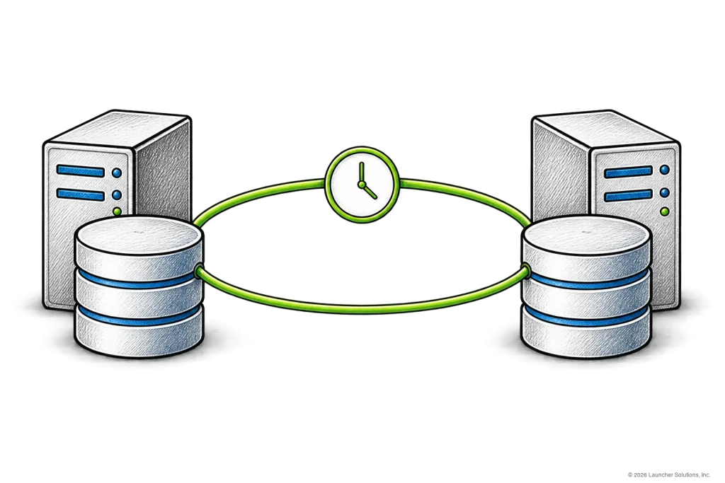 Two server and database sites kept in sync so the system stays available
