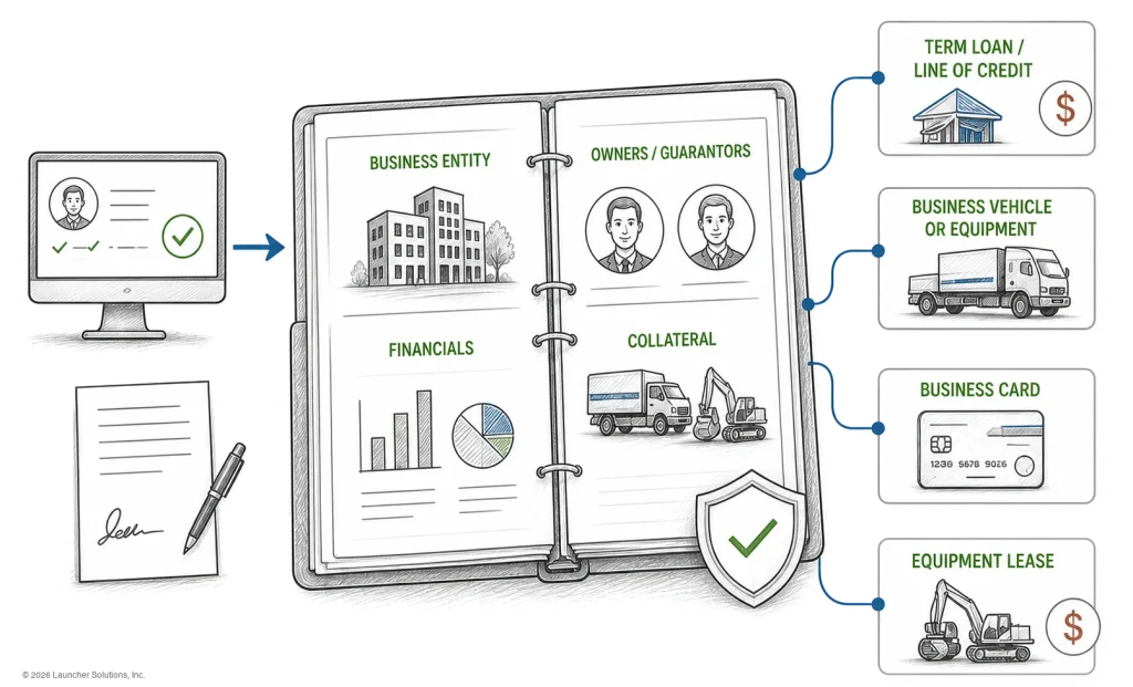 Business entity, owners, financials and collateral assessed for a term loan, line of credit, business card or equipment lease