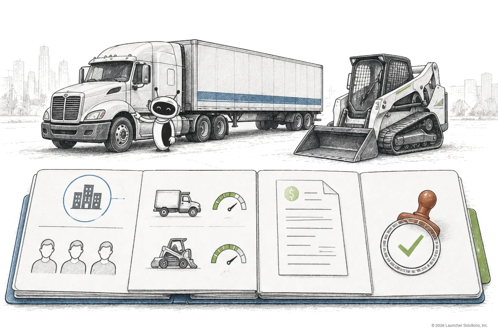 A commercial truck and skid steer financed through borrower review, credit assessment, documents and approval