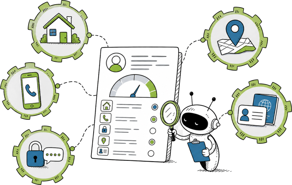 Identity, address, phone and device signals checked against a loan application to score fraud risk