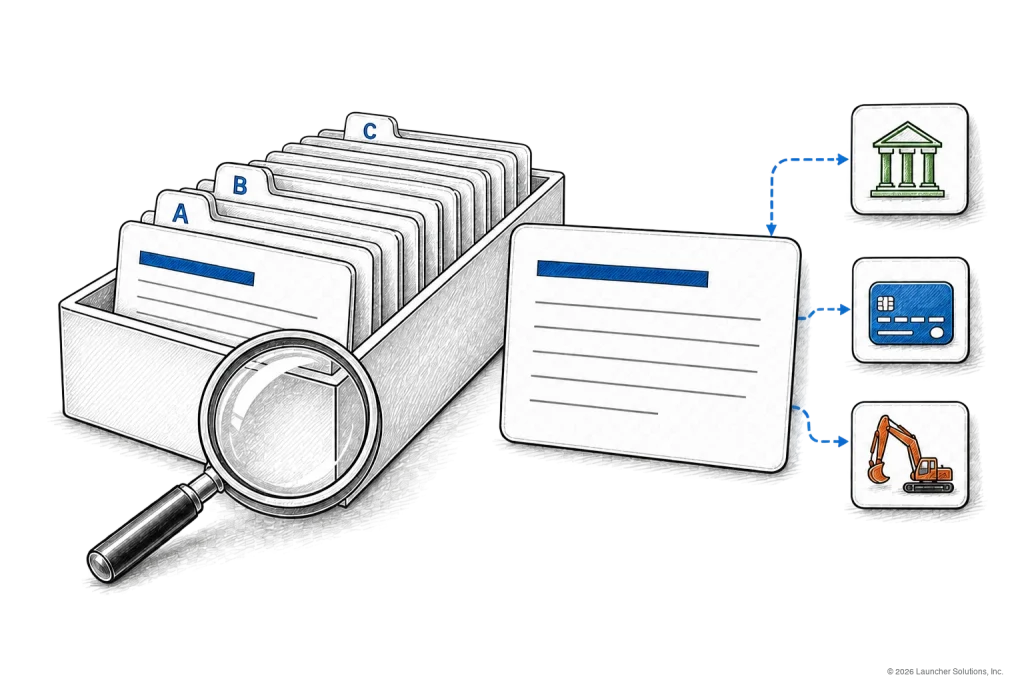 An A-to-Z card index searched with a magnifying glass for lending terms