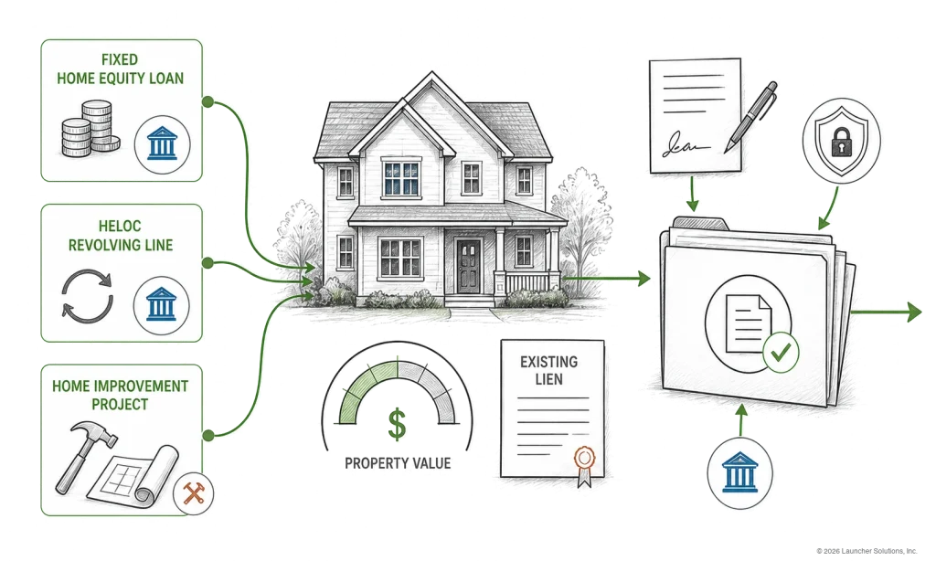 A house valued against its existing lien for a fixed home equity loan, a revolving HELOC or a home improvement project