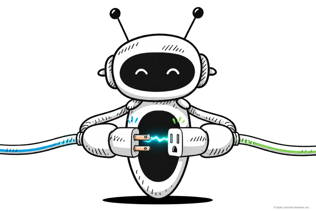 A robot plugging two cables together to connect systems