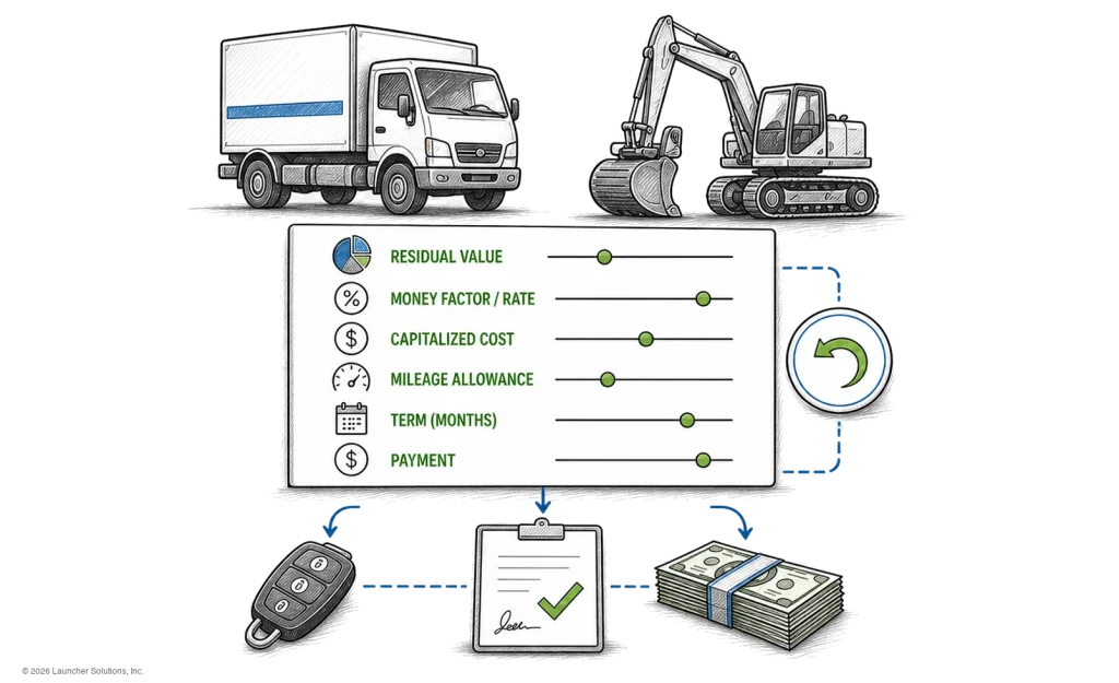 Lease terms - residual value, money factor, capitalized cost, mileage allowance and term - set for a truck or excavator