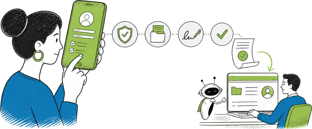 A borrower applying for a loan on her phone through myLOAN while the lender reviews it