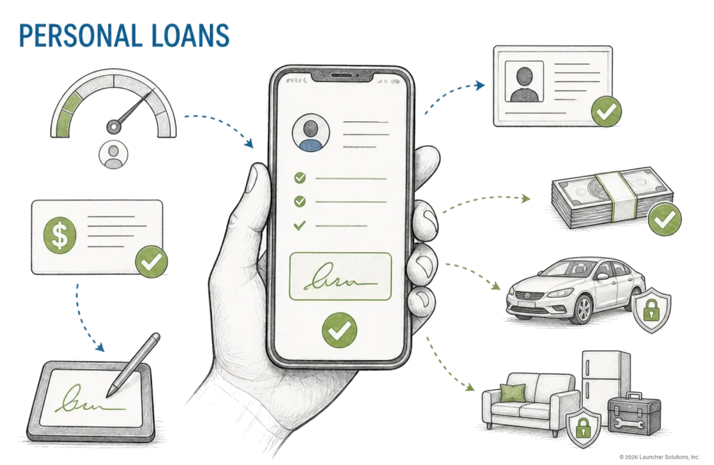 A borrower signing a personal loan application on a phone to fund a vehicle, furniture or other purchase