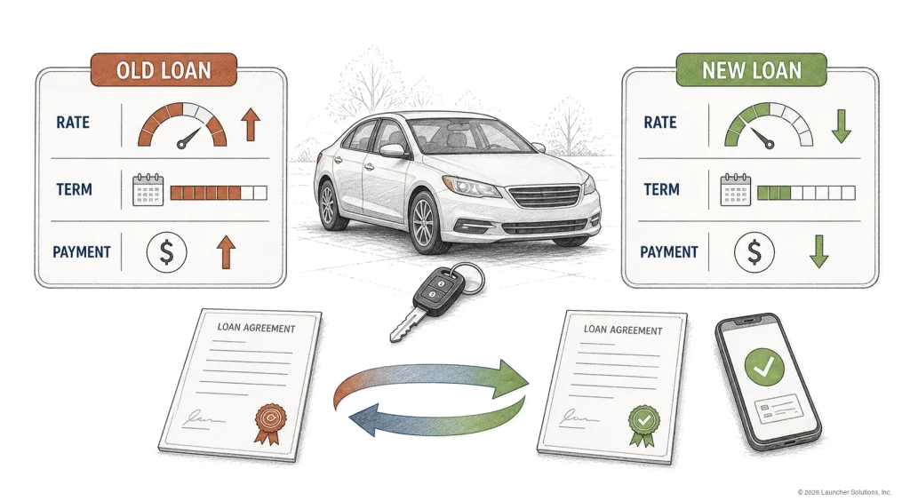 An existing loan refinanced into a new one with a lower rate, different term and lower payment