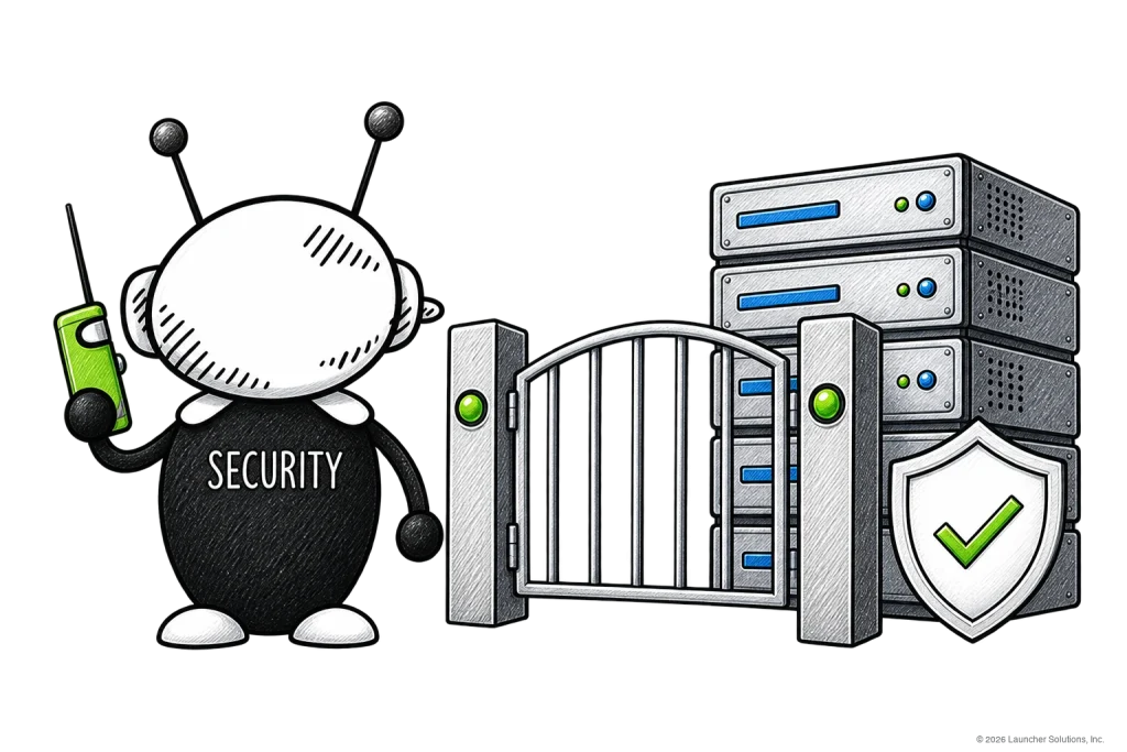 A guarded gate in front of server racks, protecting the systems behind it
