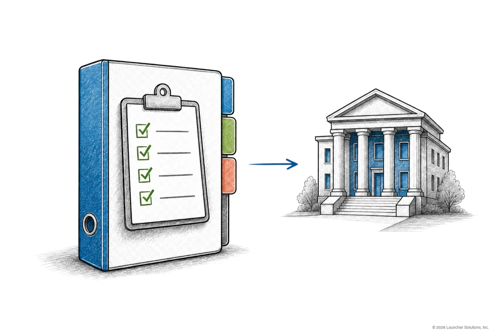 A completed due diligence checklist handed to a bank for vendor review