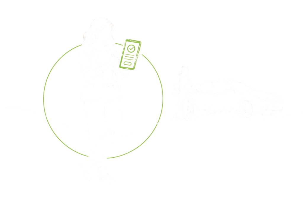 A customer completes a loan application on her phone while another person looks over a car, both standing on the origination line.