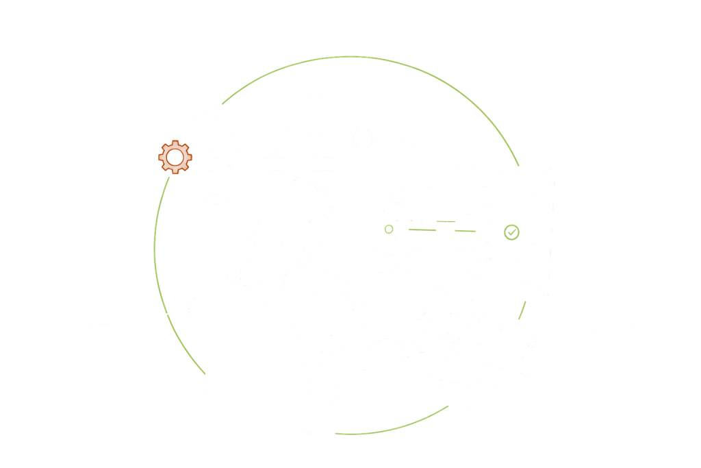 An underwriter working a deal at a screen, with gears, rules and a workflow diagram above the desk.