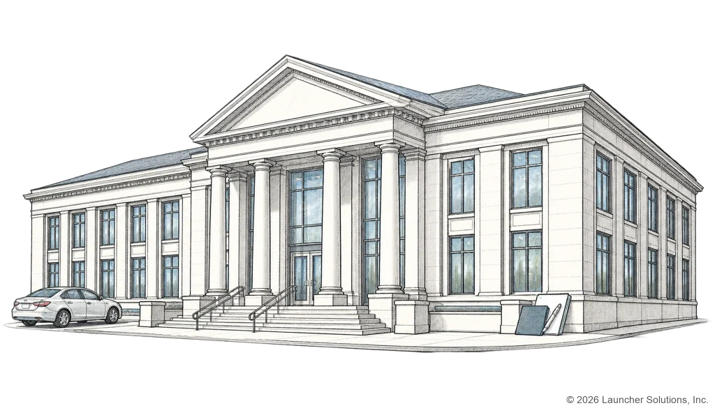 A classical bank building with columns, fronting a community bank branch