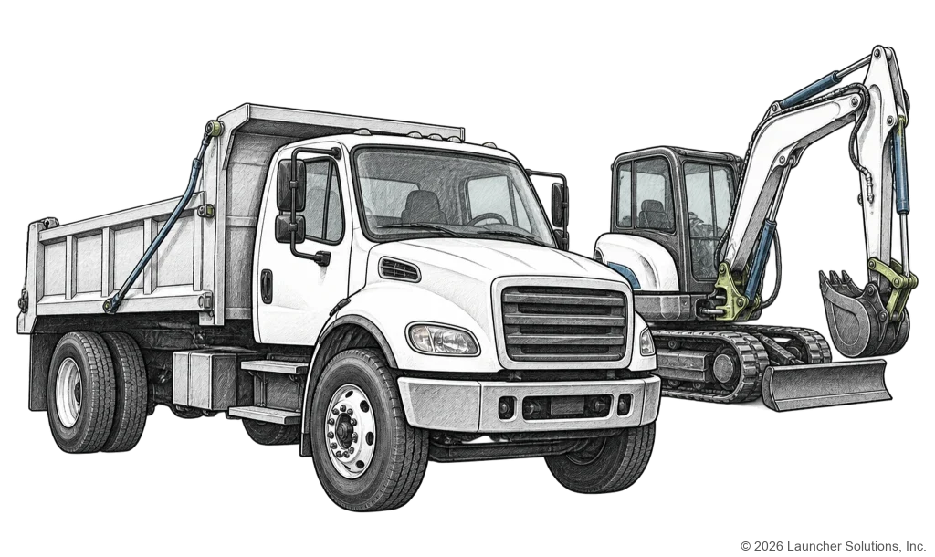 A dump truck and compact excavator representing specialty and commercial collateral